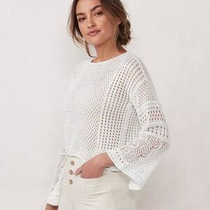 LC LAUREN CONRAD WHITE POINTELLE CROP BELL SLEEVE SWEATER SIZE XL